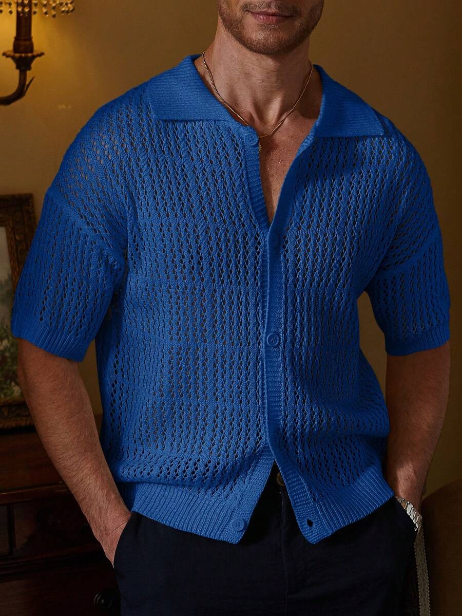 Manfinity Homme 男士纯色短袖单排扣镂空针织上衣 - 藍色 - 查看 1