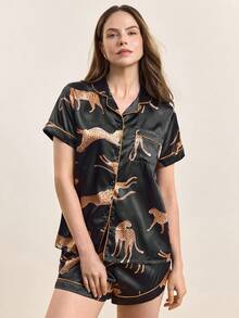 Hourtrue [Dreamery]Conjunto de pijama de mujer con estampado de leopardo, popelina, manga corta y pantalones cortos para el verano - Negro - Ver 5