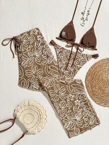 SHEIN Swim Oasis 2026新款春夏女士三件套泳衣，泳裤和裙子，特殊面料沙滩度假优雅休闲泳装套装 - 棕色 - 查看 2