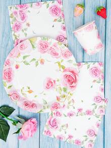 Aquarellrose Einweg-Teller, Servietten und Pappbecher Party-Set, für 24 Gäste. Dieses Einweg-Papperteller Party-Geschirr eignet sich für Geburtstage, Hochzeiten, Themenpartys und Familienpicknicks. - Übersicht 5