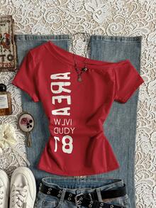 Glimmora Áo thun nữ in chữ, dáng ôm, vai lệch, kiểu dáng thường ngày. - màu đen - Xem 4