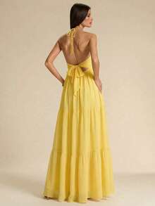 SHEIN BAE Đầm xếp tầng cổ chữ V màu vàng nhạt, lãng mạn, thích hợp cho hẹn hò, đi nghỉ mát ở biển, đi chơi, dự đám cưới, mùa xuân/hè. - Vàng nhạt - Xem 6