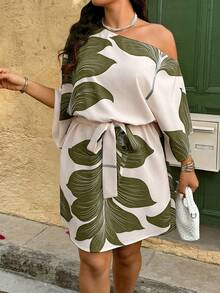 Weeklong Plus Size Women's Spring/Summer Vacation Asymmetrical Shoulder Cinched Waist Solid Color Large Floral Print Mini Dress - Multicolor - View 4