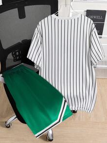 Fantacosmos 2件套青少年（男童）春夏运动休闲足球泼墨印花短袖T恤和短裤套装 - 綠色 - 查看 2