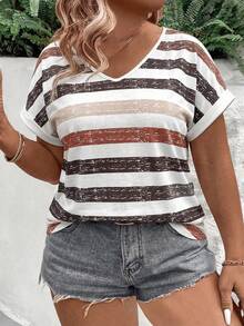 EMERY ROSE Áo thun nữ cỡ lớn, kiểu dáng mới về mùa xuân/hè, họa tiết sọc ombre, cổ chữ V, tay ngắn, cổ tay xắn, phong cách thường ngày, đa năng. - Nhiều màu - Xem 6