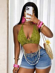 BamGleam Blusa de unicolor con escote halter y espalda descubierta, sexy y versátil para citas y salidas - Verde - Ver 7