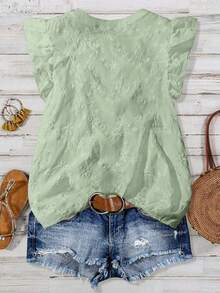 Women's Solid Color Floral Embroidery Cap Sleeve Casual Vacation Shirt - Green - View 2