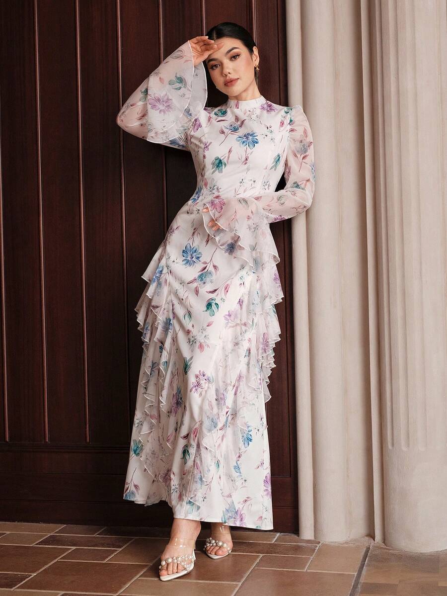 Graceveil 女款超長版端莊優雅白色花卉洋裝，奢華荷葉邊下擺繫腰設計，婚禮茶會賓客夏季洋裝，白色與紫色