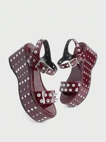 Giày sandal đế xuồng đính kim tuyến, khóa cài nhọn dành cho nữ. - Màu Đỏ Sâu - Xem 4