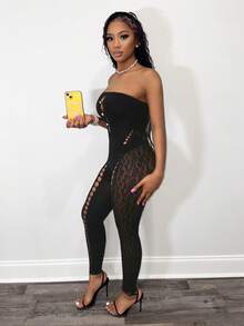 BamGleam Bộ jumpsuit quây ngực gợi cảm bằng lưới xuyên thấu khoét lỗ dành cho nữ - màu đen - Xem 4