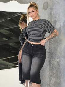 Arliah 女士休闲水洗宽松 3/4 长牛仔裤 - 黑色 - 查看 6