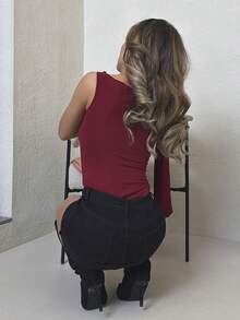 Jemour Women's Asymmetrical Neck Bowknot Knot Blouse - Redwood - View 2