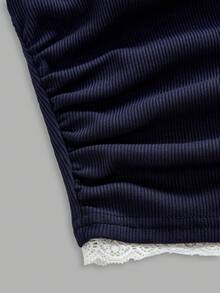 2pcs/Set Teen Girls' Clean Girl Style Solid Color Spaghetti Strap Top And Shorts Set, Summer Vacation Outfit, Spring/Summer, New Year, Valentine's Day, Navy Blue - Royal Blue - View 3