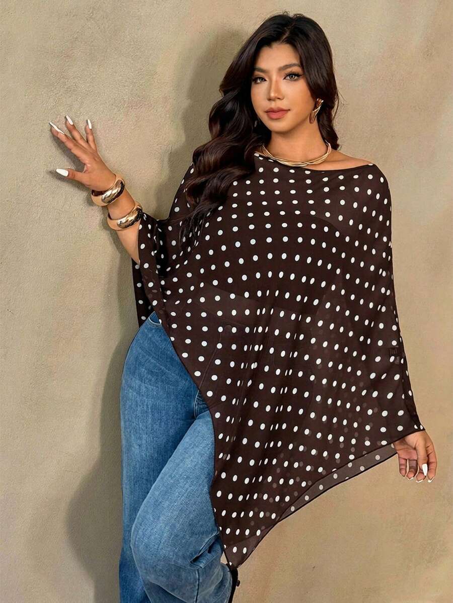 Auralis Plus Size Women Polka Dot Asymmetric Hem Fashionable Blouse - Coffee Brown - View 1