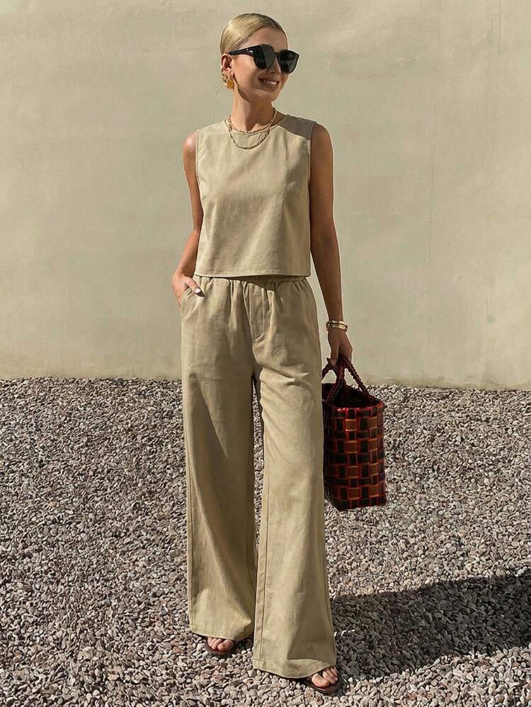 Women's Solid Color Round Neck Sleeveless Minimalist Design Summer Top And Pants 2 Pieces Set