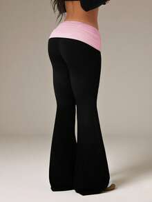 SHEIN PETITE Contrast Color Fold Waist Flare Pants - Black - View 2