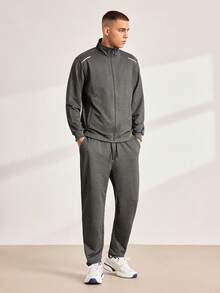 Driftmere 2pcs/Set Men Sports Casual Zipper Stand Collar Jacket & Pants, Suitable For Autumn Daily Wear Gym - Dark Grey - View 8