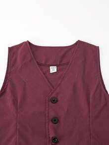 Bộ vest 2 món phong cách Hàn Quốc dáng ôm dành cho bé trai tuổi teen, thích hợp mặc mùa xuân/hè, dự tiệc cưới/dự tiệc/biểu diễn piano. Áo vest bất đối xứng dáng rộng kết hợp với quần ống đứng thoải mái, chất liệu mềm mại, thoáng khí như vải lanh, kiểu dáng rộng rãi, thiết kế độc đáo. - Màu Đỏ Sâu - Xem 4
