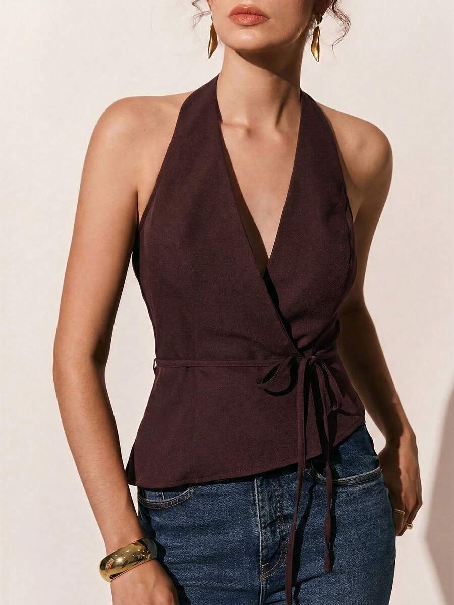 Poéselle 女士纯色腰带时尚吊带背心 - 咖啡棕 - 查看 1