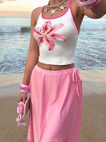 Selianne Ce Top de camisole à imprimé floral pour femmes, associé à une jupe asymétrique color-block de type trapèze en dentelle, est un ensemble parfait pour diverses occasions, notamment les vacances à la plage, les rendez-vous, les fêtes et les sorties. - Multicolore - Voir 4