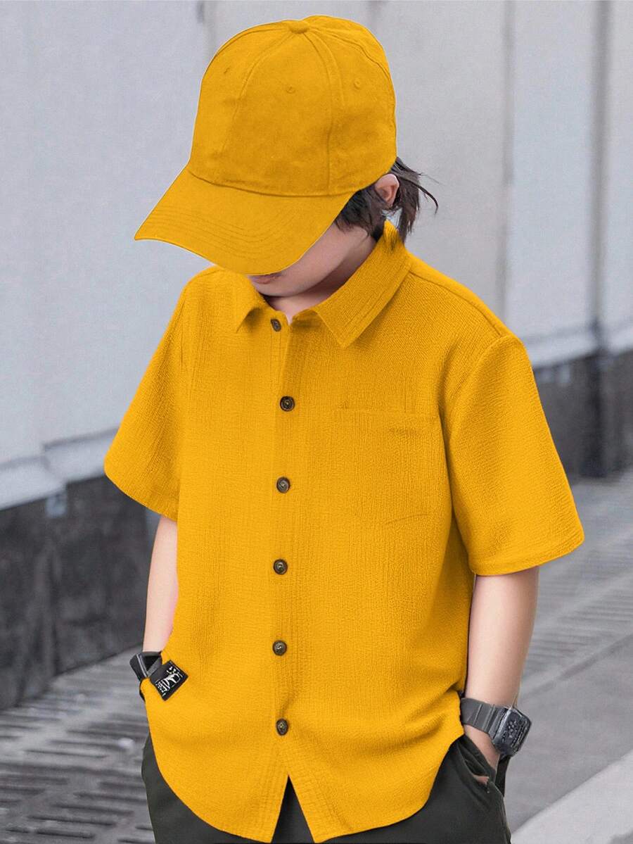 SHEIN 男童休闲单排扣短袖衬衫,适合日常穿着 - 黃色 - 查看 1