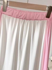 Conjunto de camiseta de manga raglán con cuello redondo y pantalones rectos de punto con ribete de contraste negro y blanco, uso diario versátil para niñas preadolescentes - Blanco - Ver 6