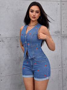 SHEIN ICON 女士水果刺绣可折叠下摆宽松牛仔短裤 - 淺色水洗藍 - 查看 7