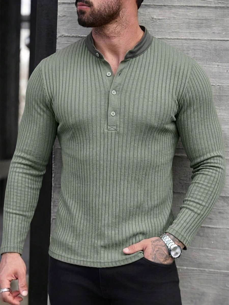 Men's Solid Casual Ribbed Button Front Great Quality Polo Neck Long Sleeve Top - Army Green - View 1