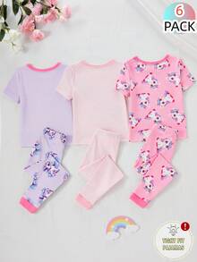 SHEIN 6件組 夢幻獨角獸風格女童幼童短袖長褲貼身睡衣家居服套裝 - 彩色 - 查看 2