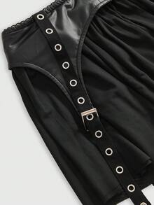 ROMWE PU & Mesh Patchwork Rivet Lace-Up Women's Mini Skirt - Black - View 4