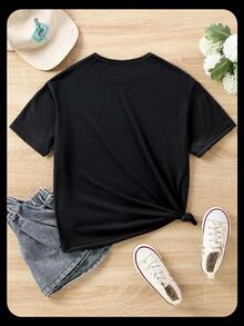 Girls Casual Colorful Sprinkle Digit 67 Letter Graphic Print Basic Short Sleeve T-Shirt, Comfortable Cozy Summer & Fall Styles For Girls Daily Wear - Black - View 2