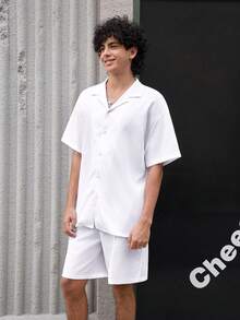 Open Phase 2 pezzi Set estivo da uomo, camicia in lino cubano leggera e traspirante con pantaloncini con coulisse, stile casual da gentiluomo vintage, adatto per spiaggia, matrimonio, festa, vacanza, regalo per la festa del papà per marito, papà, fidanzato, comodo e versatile, stile americano vintage, unisex, vestibilità rilassata per l'estate, adatto per uso quotidiano e outfit estivi. - Bianco - Visualizzare 4