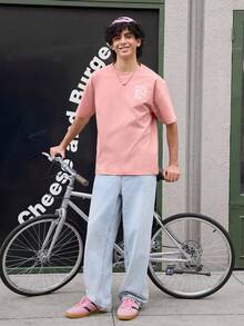 男士襯衫，都市休閒時尚印花，寬鬆舒適版型，春夏款 - 粉色 - 查看 6