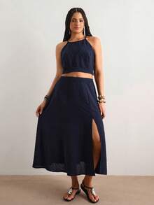 Freevana Plus Size Summer Boho Navy Blue Holiday Vacation 2 Pieces Set, Women's Polka Dot Strappy Off-Shoulder Cropped Top&High Slit Skirt Brunch Outfits Dresses - Royal Blue - View 2