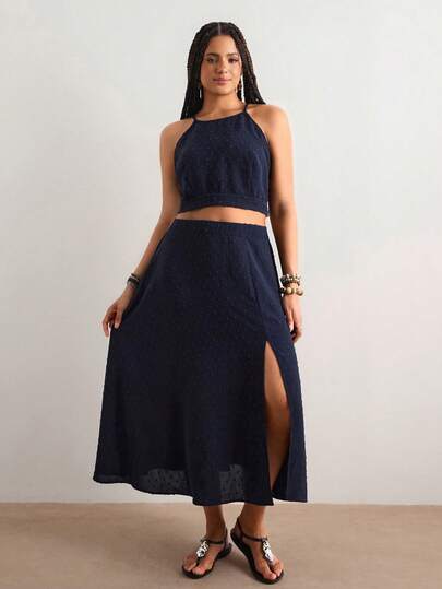 Freevana Bộ đồ 2 mảnh mùa hè cỡ lớn, kiểu dáng thường ngày, màu trơn, gồm áo crop top và chân váy xẻ cao.