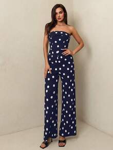 SHEIN Glamour 女士连体裤，针织黑白波点无肩带连体裤 - 藍色 - 查看 5