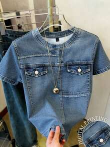 Resyla Áo thun tay ngắn cổ tròn in họa tiết denim, kiểu dáng thường ngày, đa năng, thích hợp mặc mùa hè. - Nhiều màu - Xem 1