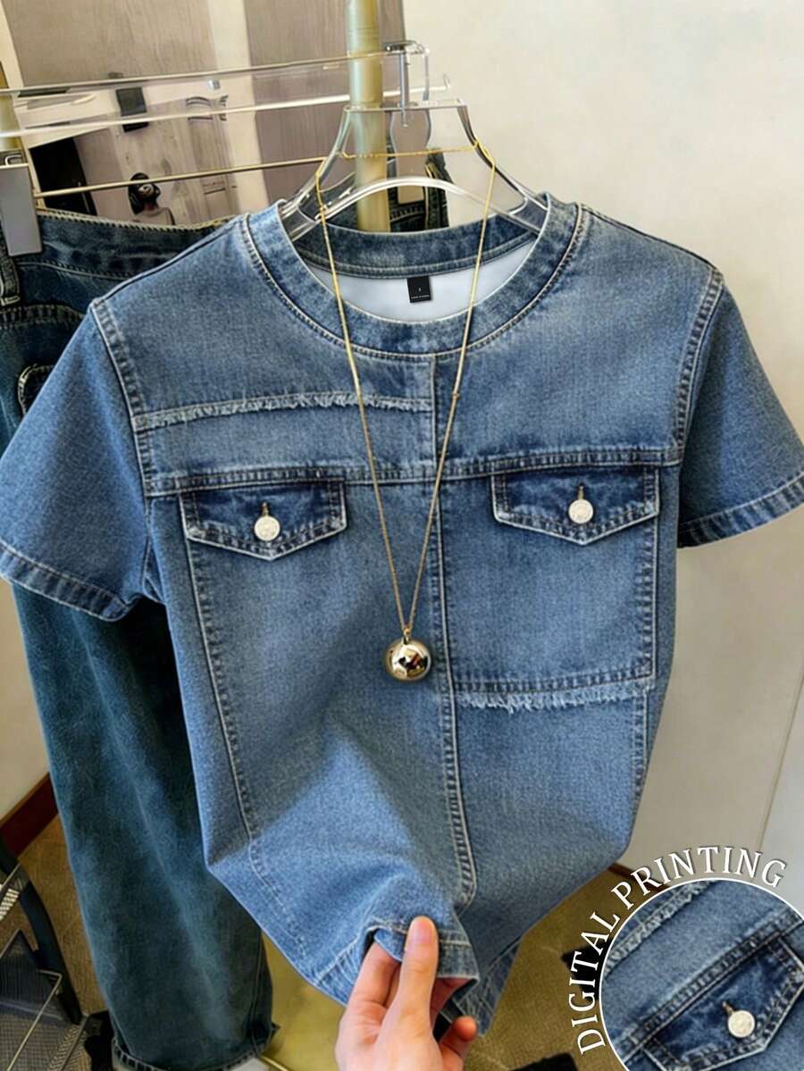 Resyla Áo thun tay ngắn cổ tròn in họa tiết denim, kiểu dáng thường ngày, đa năng, thích hợp mặc mùa hè. - Nhiều màu - Xem 1