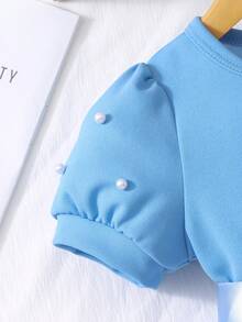 Glamorique Kids Đầm hè cho bé gái năm 2026, chất liệu mềm mại, co giãn, thời trang mới, đồ cần thiết cho kỳ nghỉ, cổ tròn, tay phồng đính ngọc trai giả, họa tiết hoa, thắt lưng, thanh lịch. - Màu xanh lam - Xem 7