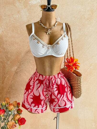 Soleia Women's Summer Casual Versatile Y2K Vacation Beach Red Pattern Print Woven Elastic Band Shorts, Beach Outings, Parties, Dates, Carnivals, Hot Springs, Beaches, Cruises, City Vacations, And More.