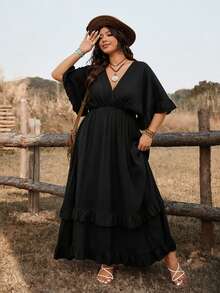 Ceyna Plus Size Casual Vacation Tie Front Dress, Versatile For Spring & Summer Boho Plus Size Women's Clothing Bohemian Dresses For Women - Black - View 4