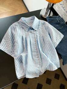 Resyla 新款甜美翻领宽松时尚女式衬衫 - 藍色 - 查看 1