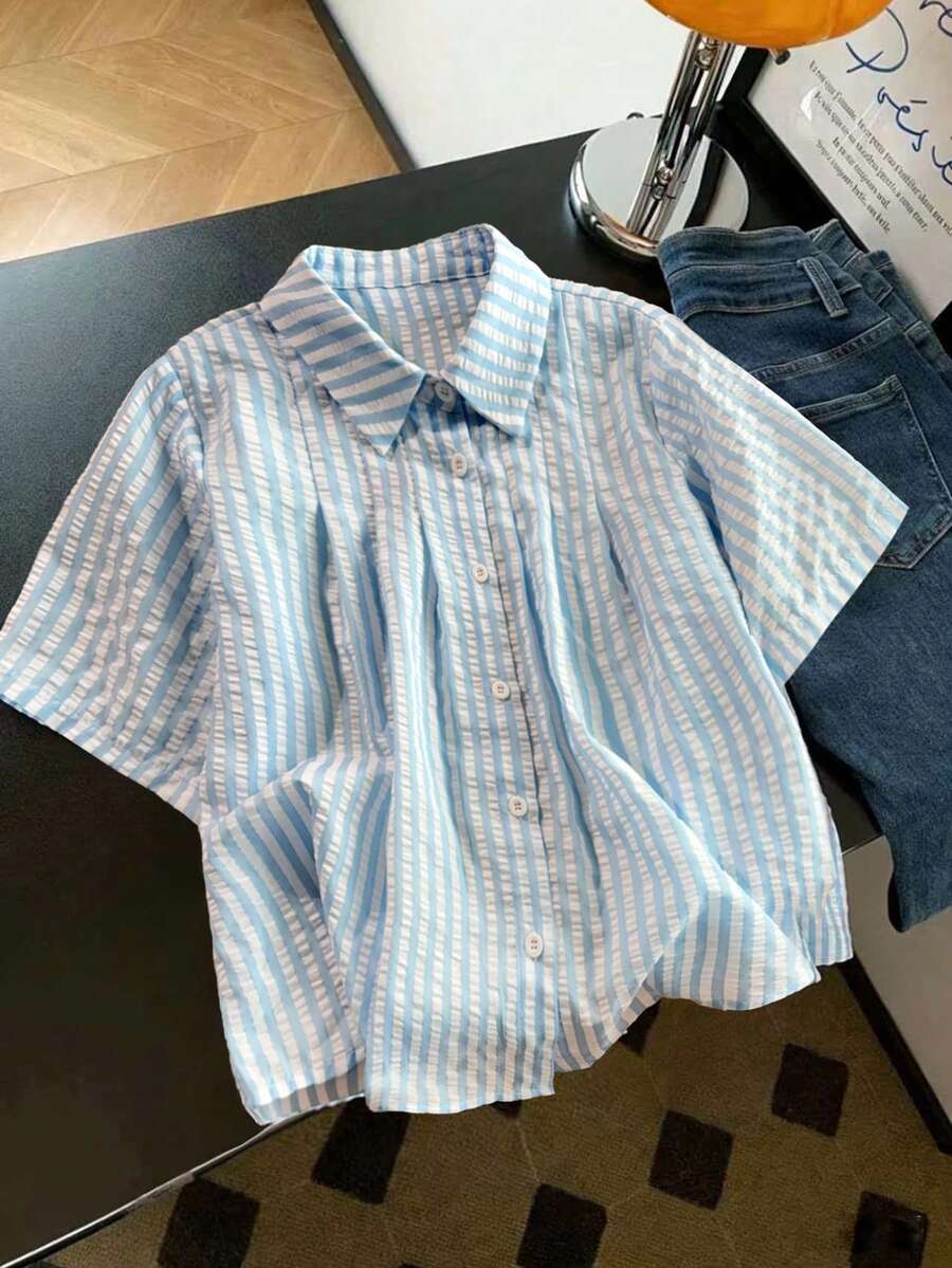 Resyla 新款甜美翻领宽松时尚女式衬衫 - 藍色 - 查看 1