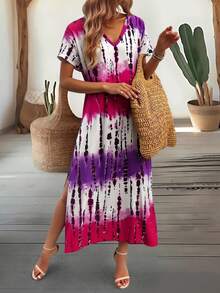 EMERY ROSE 夏季新款休闲女式V领短袖宽松扎染印花开衩连衣裙 - 彩色 - 查看 5