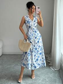 SHEIN Elenzya Đầm dài nữ kiểu retro màu xanh trắng họa tiết sứ, cổ chữ V, không tay, cài cúc đơn, thắt nơ eo, thanh lịch, thích hợp cho kỳ nghỉ, dạo phố, đi biển, đi làm, hẹn hò công sở, mùa xuân hè. - Nhiều màu - Xem 5
