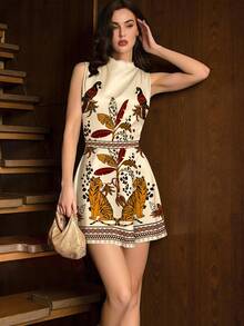 NOVVYNE Đầm ngắn không tay cổ chữ V thắt eo thời trang họa tiết vẹt nhiệt đới và hổ, đầm hè thanh lịch dành cho nữ, phong cách Bohemian, thích hợp cho kỳ nghỉ hè, đi biển, họa tiết hoa và chim màu hồng đào nhạt. - Nhiều màu - Xem 1