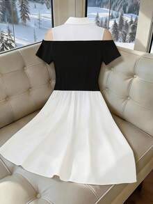 GlowEve CURVE Vestido de mujer con cuello polo, cintura ceñida, volantes tejidos y diseño versátil y elegante - Blanco y Negro - Ver 2