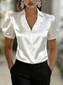 EMERY ROSE 女士优雅通勤衬衫，浪漫荷叶边领口，适合返校、派对、婚礼等场合，白色纽扣门襟，短袖，高品质缎面面料 - 白色 - 查看 8