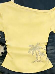 Áo thun nữ tay ngắn in hình cây cọ, vai lệch, - Xám - Xem 4