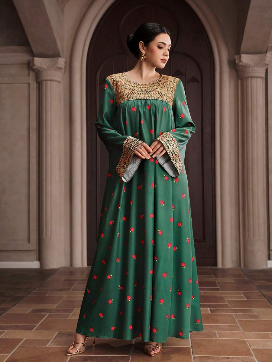 Al Najma Vestido maxi tradicional árabe de manga larga con cuello redondo y ribete de cinta con estampado floral para mujer - Verde - Ver 1